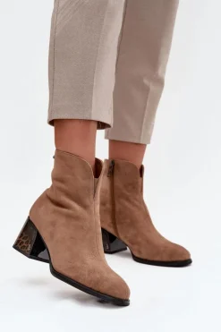 Botki Ocieplane|Botki Skórzane>Buty damskie Vinceza Botki Damskie Z Naturalnego Zamszu Na Obcasie Ocieplane Vinceza 66806 Camel Beżowy