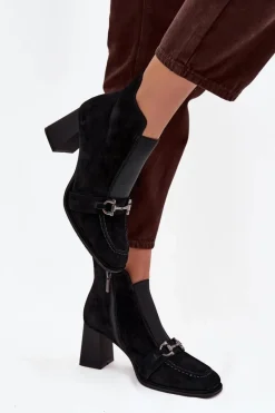 Clearance Artiker Botki Damskie Z Naturalnego Zamszu Na Słupku 57C0124 Czarne Czarny