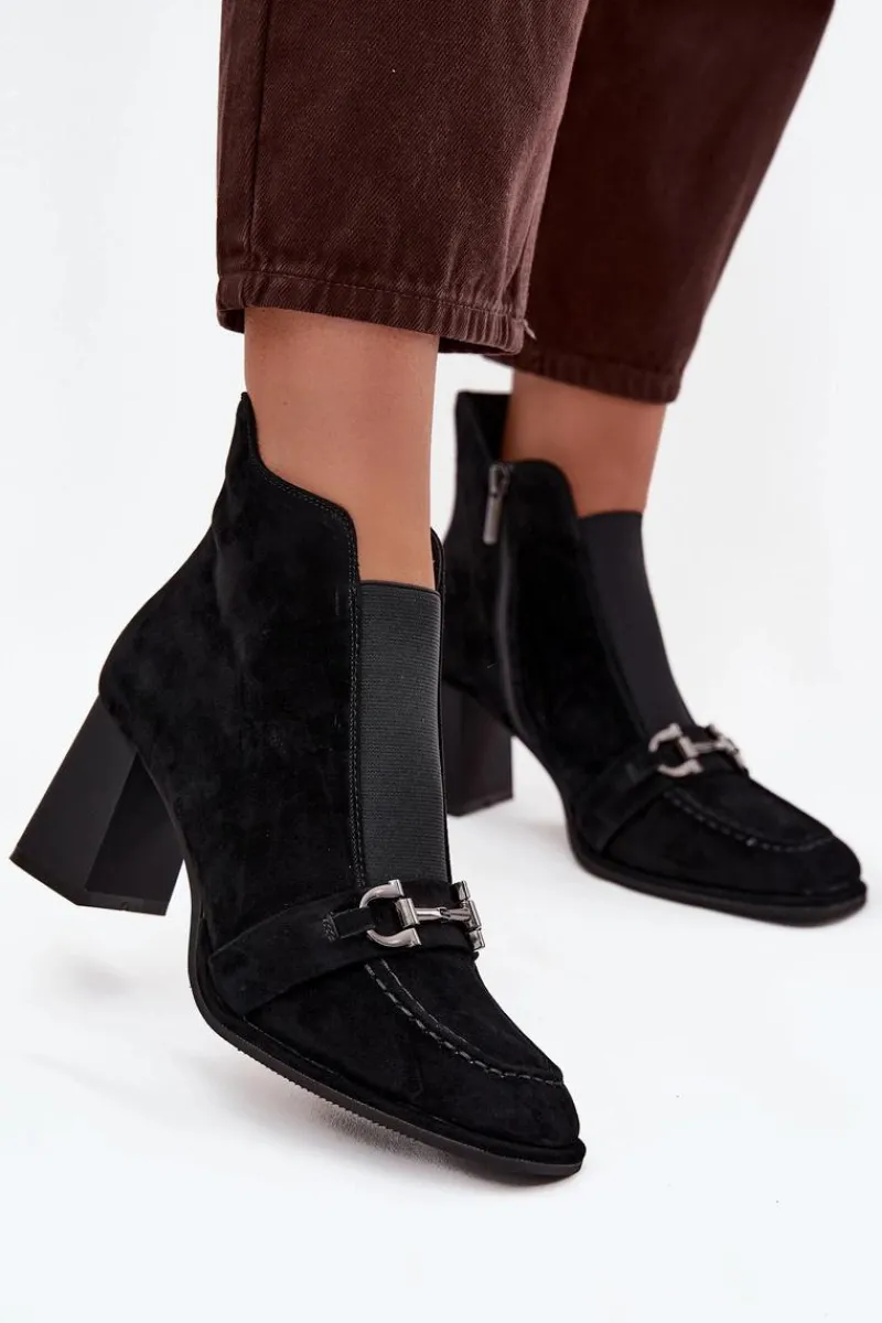 Clearance Artiker Botki Damskie Z Naturalnego Zamszu Na Słupku 57C0124 Czarne Czarny