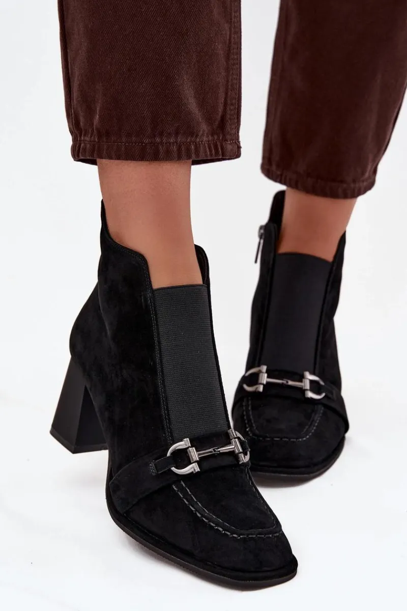 Clearance Artiker Botki Damskie Z Naturalnego Zamszu Na Słupku 57C0124 Czarne Czarny