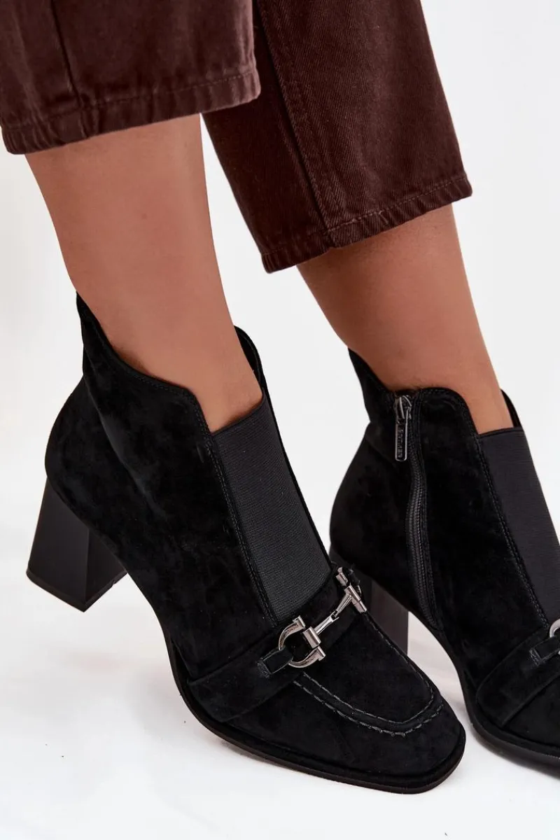 Clearance Artiker Botki Damskie Z Naturalnego Zamszu Na Słupku 57C0124 Czarne Czarny