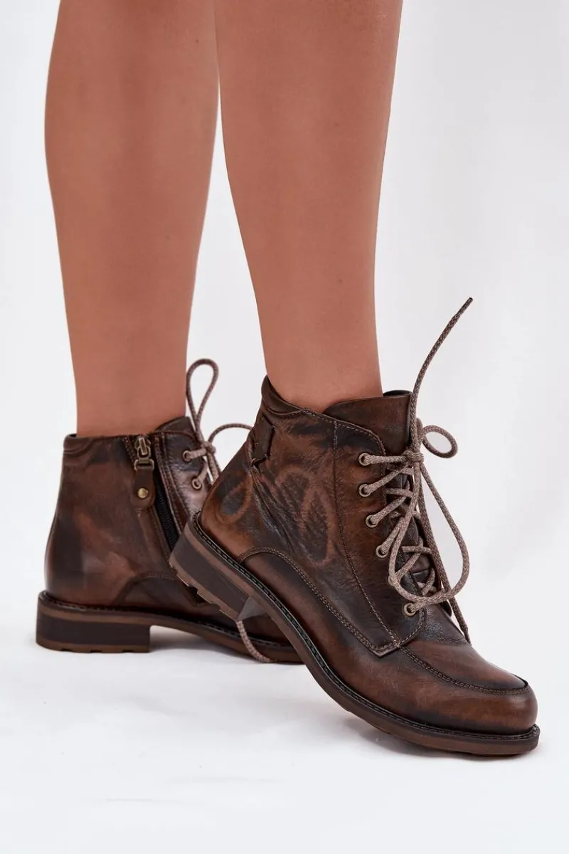 Maciejka Botki Damskie Z Naturalnej Skóry Na Płaskim Obcasie 07063-02 Brązowe