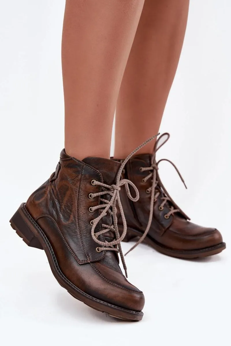 Maciejka Botki Damskie Z Naturalnej Skóry Na Płaskim Obcasie 07063-02 Brązowe