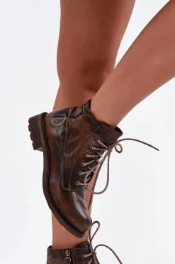 Maciejka Botki Damskie Z Naturalnej Skóry Na Płaskim Obcasie 07063-02 Brązowe