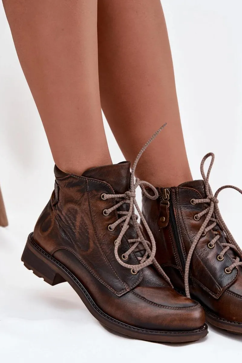 Maciejka Botki Damskie Z Naturalnej Skóry Na Płaskim Obcasie 07063-02 Brązowe