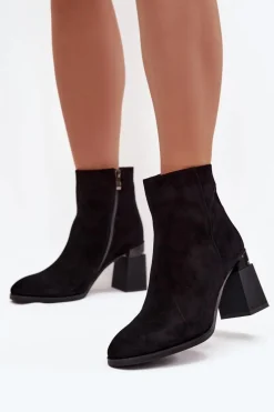 Botki Ocieplane|Botki Skórzane>D&A Botki Damskie Z Naturalnego Zamszu Na Słupku Ocieplane CR52-718 Czarne Czarny