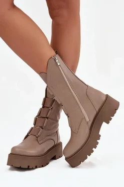 Brązowe I Beżowe Botki|Botki Płaskie>Zazoo Botki Damskie Z Naturalnej Skóry Na Platformie 3795 Beżowe Beżowy