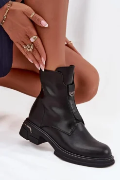 Botki Ocieplane|Botki Na Obcasie>Boto Botki Damskie Z Naturalnej Skóry Na Niskim Obcasie Czarne Karisse