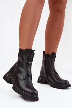 Botki Ocieplane|Botki Na Obcasie>Boto Botki Damskie Z Naturalnej Skóry Na Niskim Obcasie Czarne Karisse