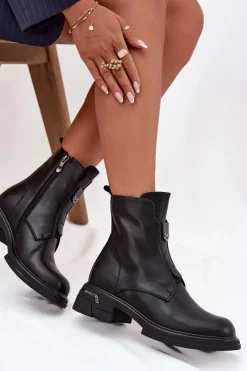 Botki Ocieplane|Botki Na Obcasie></noscript>Boto Botki Damskie Z Naturalnej Skóry Na Niskim Obcasie Czarne Karisse