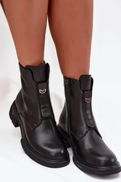 Botki Ocieplane|Botki Na Obcasie></noscript>Boto Botki Damskie Z Naturalnej Skóry Na Niskim Obcasie Czarne Karisse