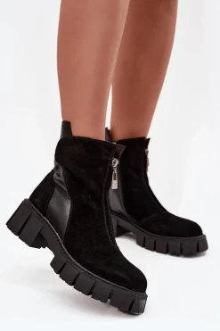Outlet D&A Botki Damskie Z Naturalnego Zamszu Ocieplane JC52-874 Czarne