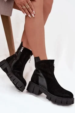 Outlet D&A Botki Damskie Z Naturalnego Zamszu Ocieplane JC52-874 Czarne