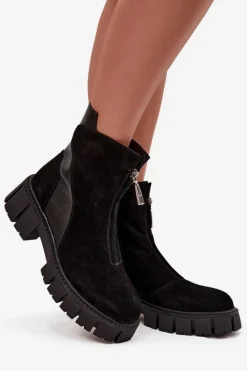 Outlet D&A Botki Damskie Z Naturalnego Zamszu Ocieplane JC52-874 Czarne