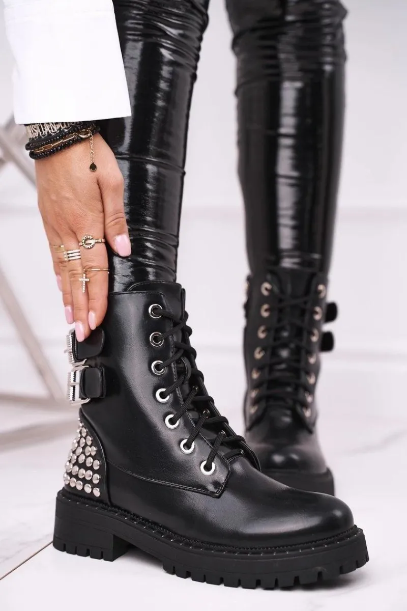 Hot Botki Damskie Z Nitami Czarne Feel Your Touch Damskie Botki Sznurowane|Czarne Botki