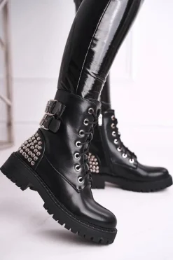 Hot Botki Damskie Z Nitami Czarne Feel Your Touch Damskie Botki Sznurowane|Czarne Botki