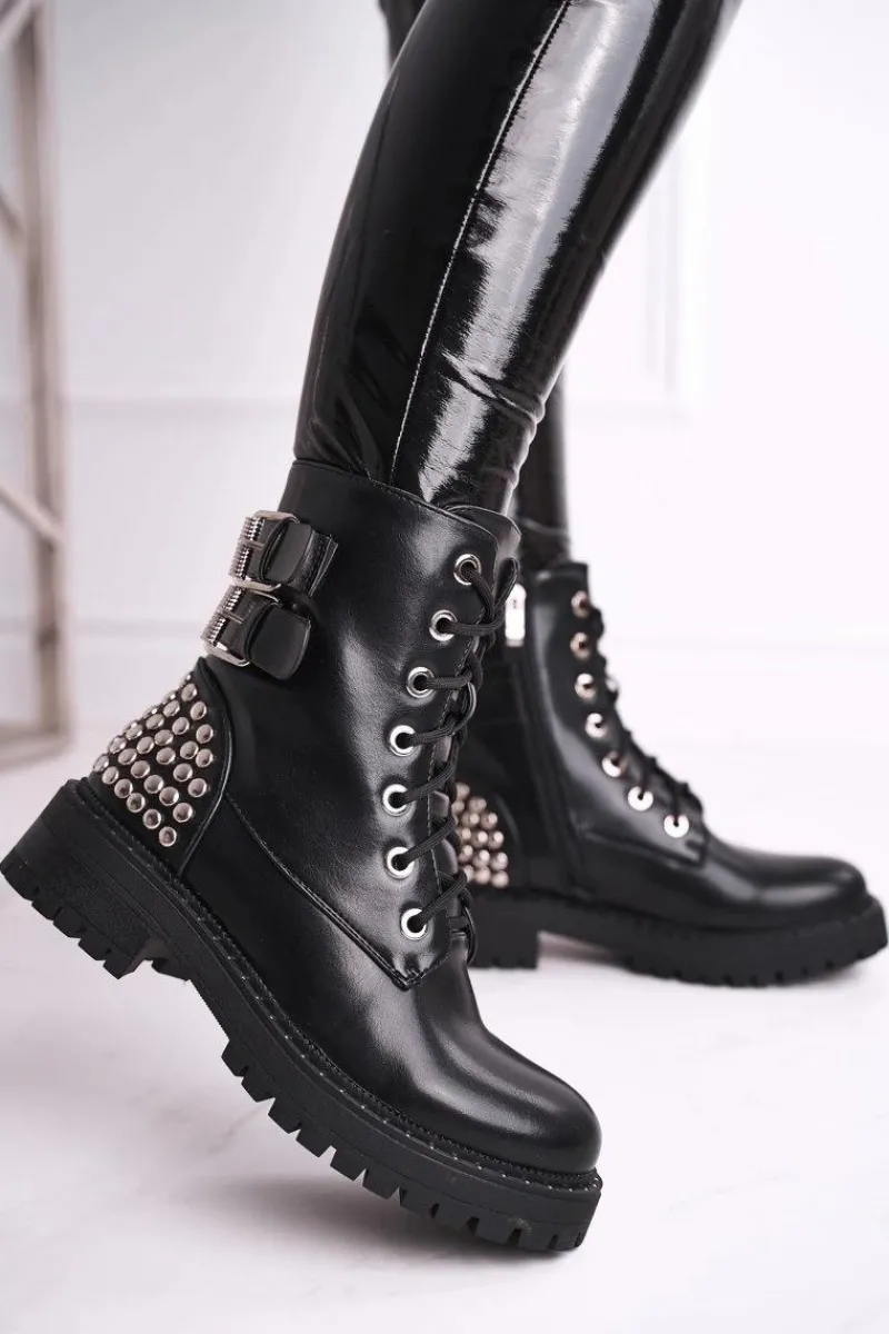 Hot Botki Damskie Z Nitami Czarne Feel Your Touch Damskie Botki Sznurowane|Czarne Botki