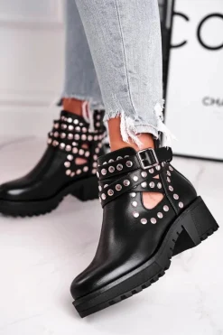 Outlet Botki Damskie Z Nitami Grunge Czarne Heavenly Damskie Czarne Botki|Botki Na Obcasie