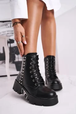Sale Boto Botki Damskie Z Nitami Na Platformie Grunge Czarne Hard Rock