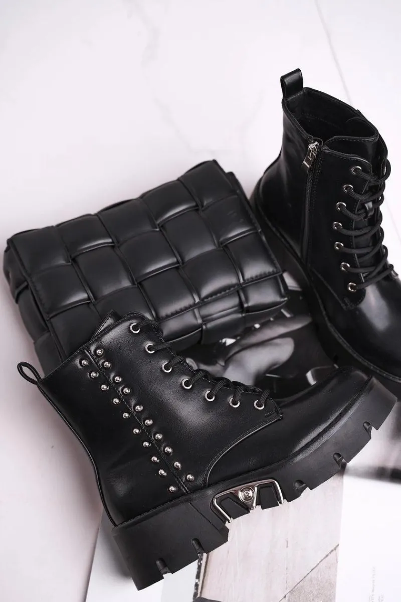 Sale Boto Botki Damskie Z Nitami Na Platformie Grunge Czarne Hard Rock