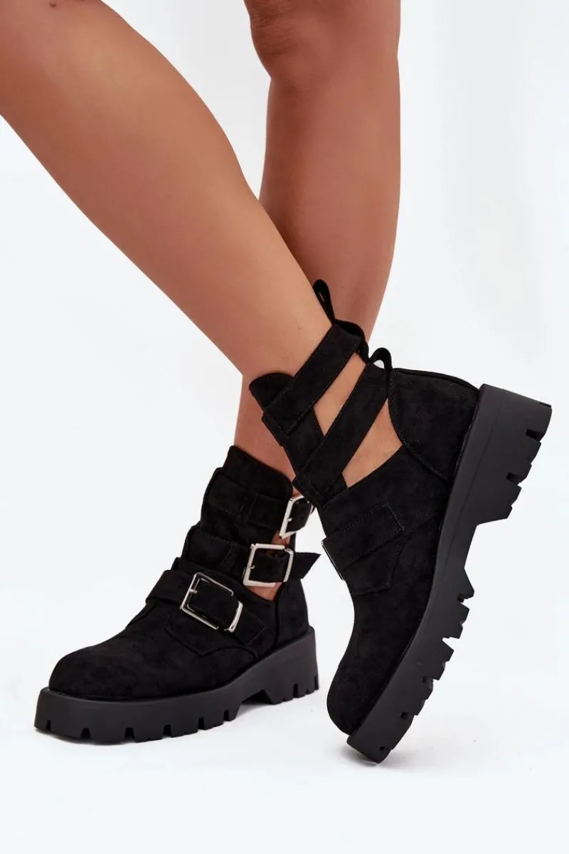 Best Botki Damskie Z Paskami I Srebrnymi Klamrami Czarne Helisse Damskie Botki Ocieplane|Czarne Botki
