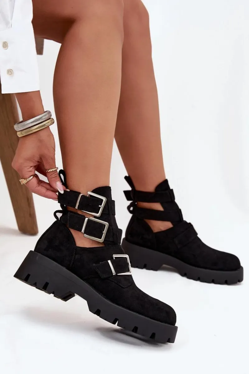 Best Botki Damskie Z Paskami I Srebrnymi Klamrami Czarne Helisse Damskie Botki Ocieplane|Czarne Botki