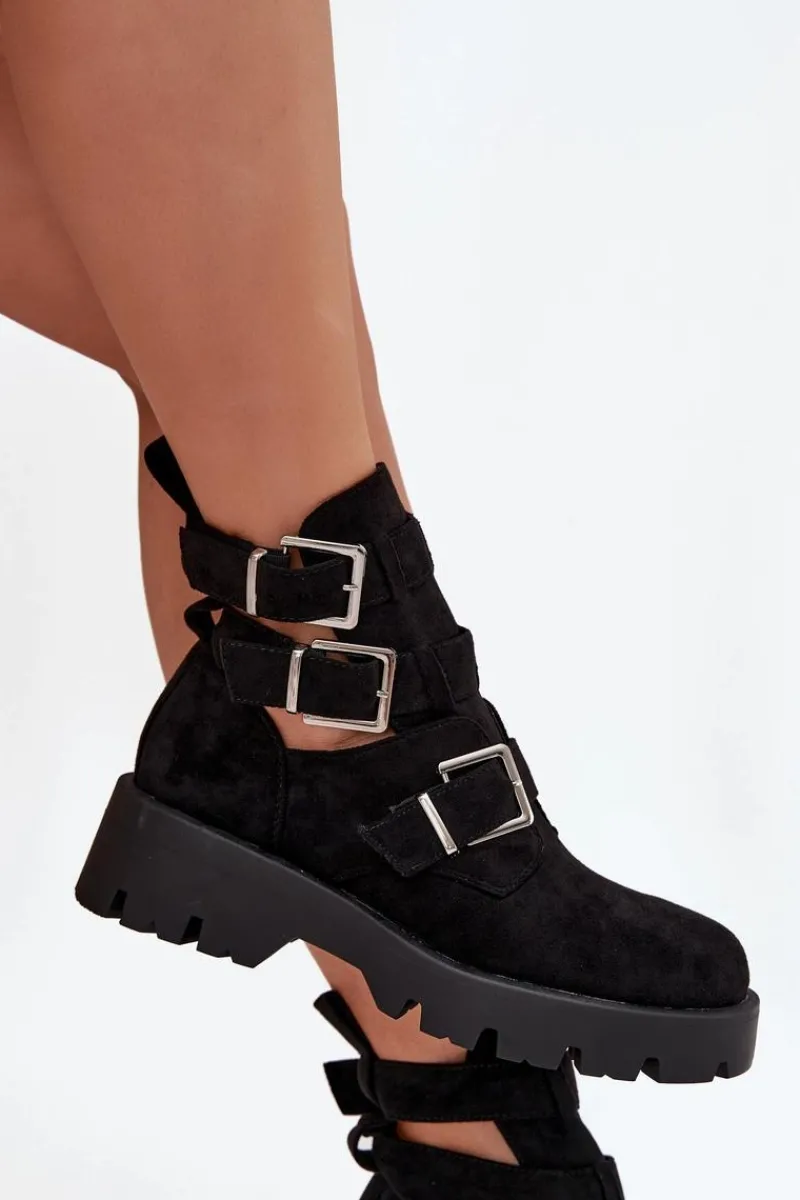 Best Botki Damskie Z Paskami I Srebrnymi Klamrami Czarne Helisse Damskie Botki Ocieplane|Czarne Botki