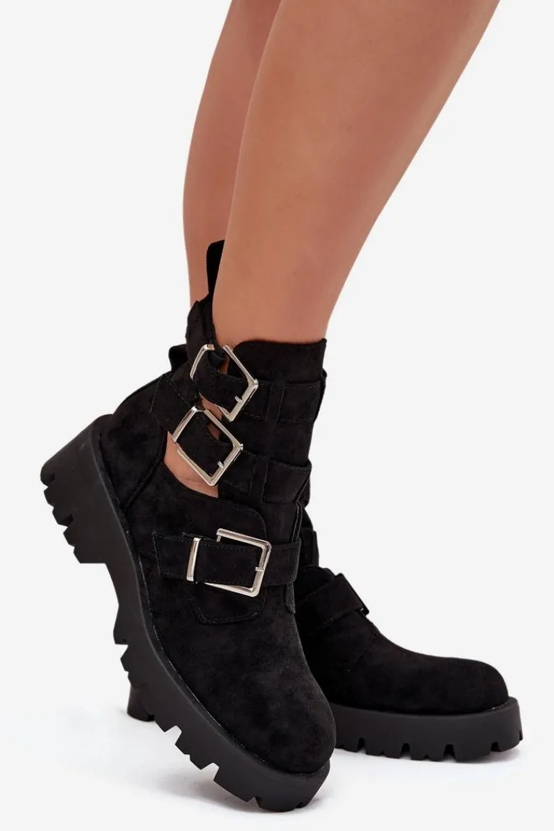 Best Botki Damskie Z Paskami I Srebrnymi Klamrami Czarne Helisse Damskie Botki Ocieplane|Czarne Botki