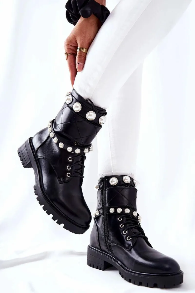 Sale Botki Damskie Z Perełkami Czarne Mystique Damskie Botki Sznurowane|Czarne Botki