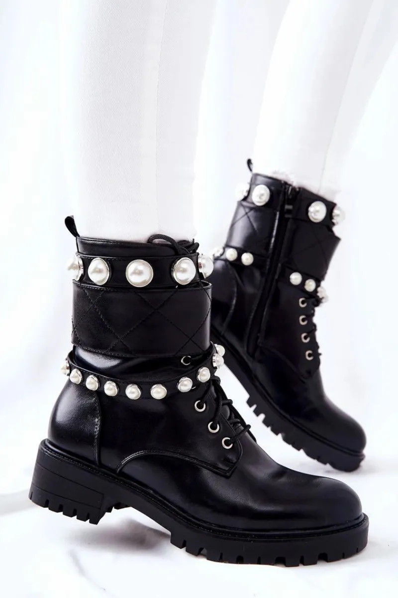 Sale Botki Damskie Z Perełkami Czarne Mystique Damskie Botki Sznurowane|Czarne Botki