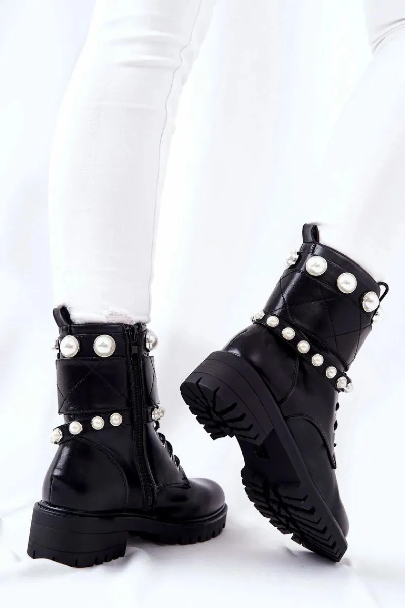 Sale Botki Damskie Z Perełkami Czarne Mystique Damskie Botki Sznurowane|Czarne Botki