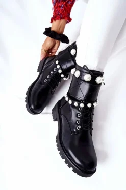 Sale Botki Damskie Z Perełkami Czarne Mystique Damskie Botki Sznurowane|Czarne Botki