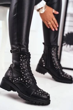 Online Botki Damskie z ćwiekami Czarne Chill Damskie Botki Sznurowane|Czarne Botki