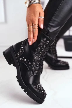 Online Botki Damskie z ćwiekami Czarne Chill Damskie Botki Sznurowane|Czarne Botki