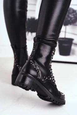 Online Botki Damskie z ćwiekami Czarne Chill Damskie Botki Sznurowane|Czarne Botki