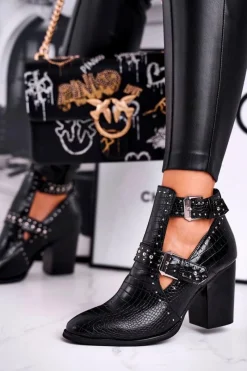 Hot Boto Botki Damskie Z Wycięciami Croco Czarne Aria