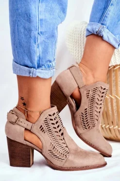 New Botki Damskie z Wycięciem Wiosenne Beżowe Velluci Damskie Botki Wiosenne|Botki Na Słupku