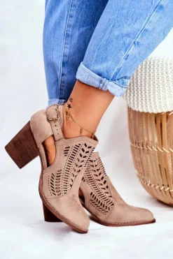 New Botki Damskie z Wycięciem Wiosenne Beżowe Velluci Damskie Botki Wiosenne|Botki Na Słupku