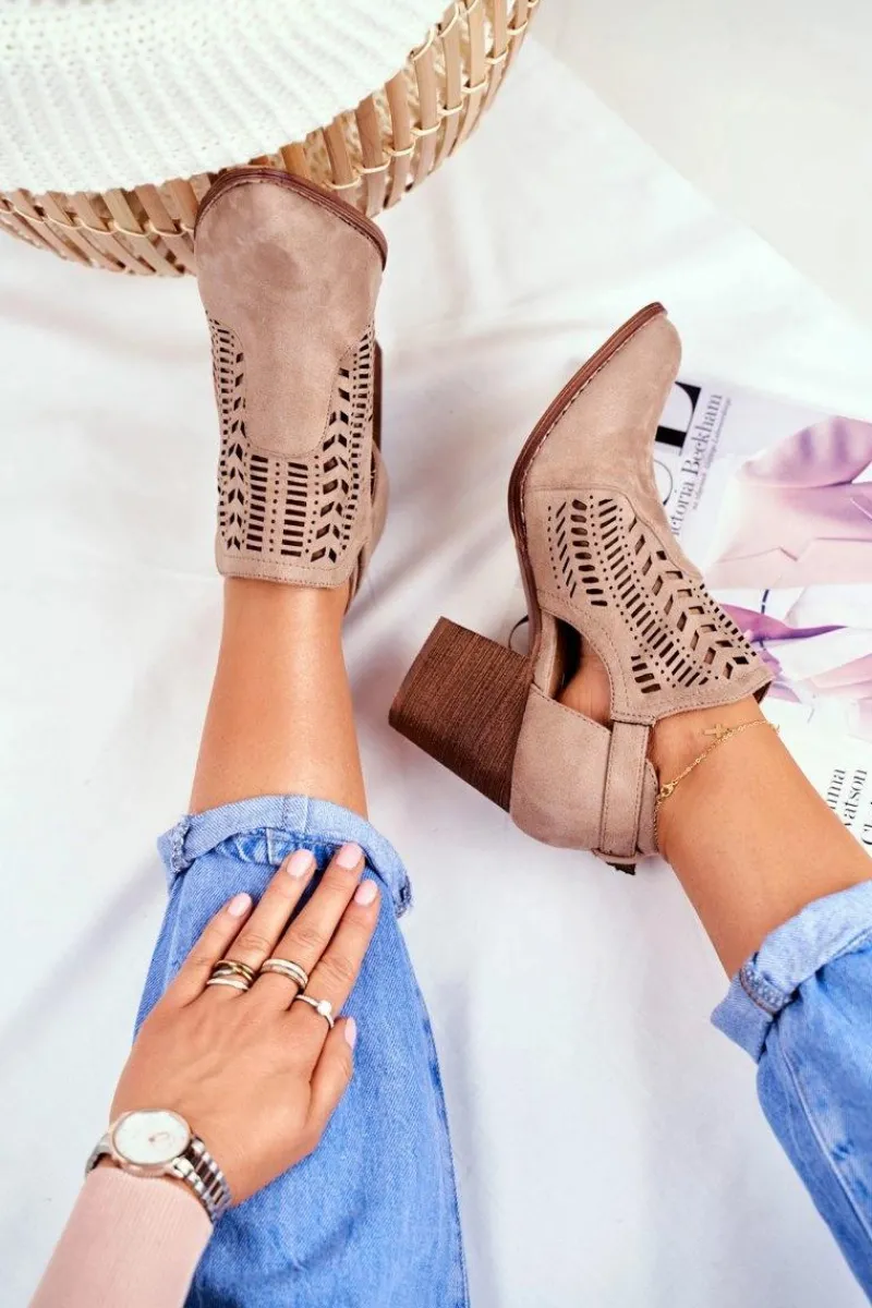 New Botki Damskie z Wycięciem Wiosenne Beżowe Velluci Damskie Botki Wiosenne|Botki Na Słupku