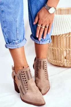 New Botki Damskie z Wycięciem Wiosenne Beżowe Velluci Damskie Botki Wiosenne|Botki Na Słupku