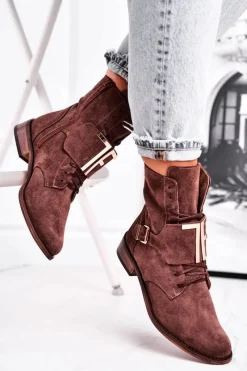 Botki Sznurowane|Brązowe I Beżowe Botki>Boto Botki Damskie Zamszowe Brązowe Nicole 2591