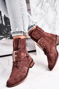 Botki Sznurowane|Brązowe I Beżowe Botki>Boto Botki Damskie Zamszowe Brązowe Nicole 2591