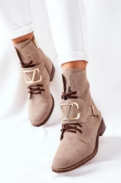 Botki Sznurowane|Brązowe I Beżowe Botki>Boto Botki Damskie Zamszowe Cappuccino Nicole 2676