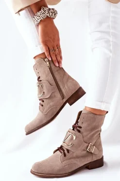 Botki Sznurowane|Brązowe I Beżowe Botki>Boto Botki Damskie Zamszowe Cappuccino Nicole 2676