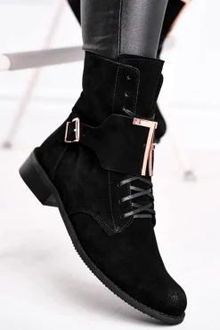 New Botki Damskie Zamszowe Czarne Nicole 2591 Damskie Botki Sznurowane|Czarne Botki