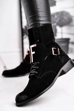 New Botki Damskie Zamszowe Czarne Nicole 2591 Damskie Botki Sznurowane|Czarne Botki