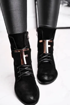 New Botki Damskie Zamszowe Czarne Nicole 2591 Damskie Botki Sznurowane|Czarne Botki