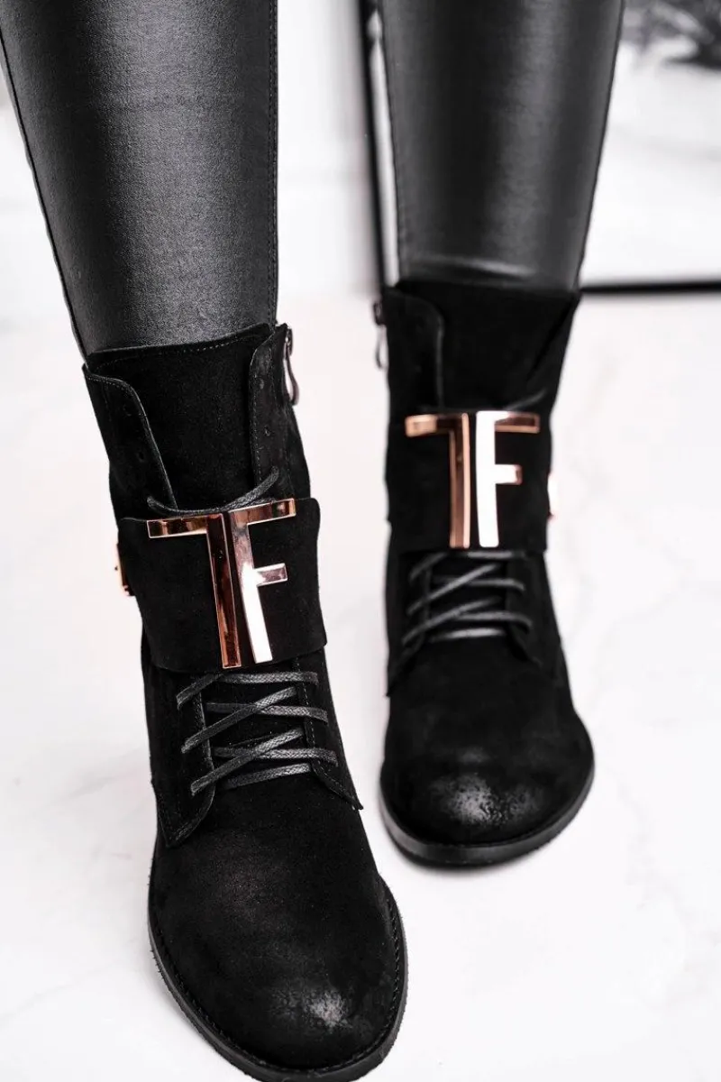 New Botki Damskie Zamszowe Czarne Nicole 2591 Damskie Botki Sznurowane|Czarne Botki