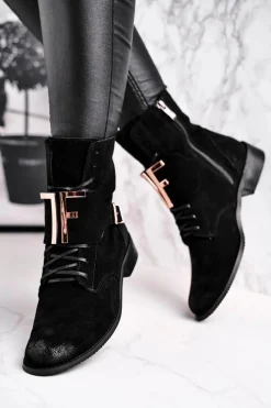 New Botki Damskie Zamszowe Czarne Nicole 2591 Damskie Botki Sznurowane|Czarne Botki