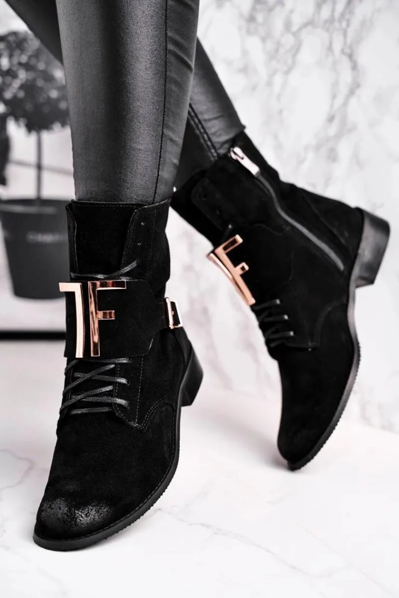 New Botki Damskie Zamszowe Czarne Nicole 2591 Damskie Botki Sznurowane|Czarne Botki